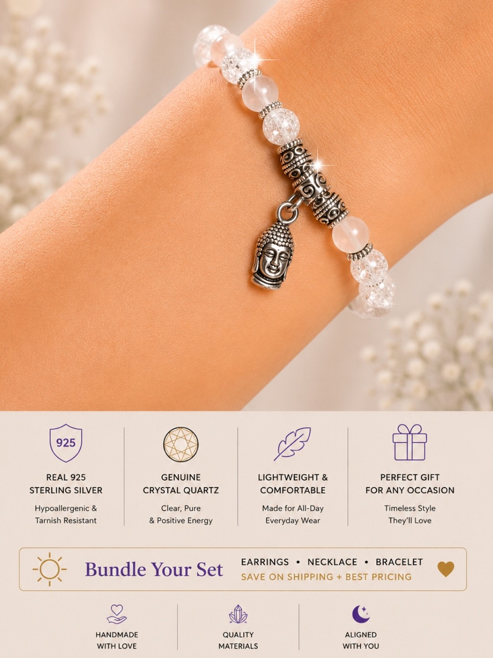 2 for $30 Quartz Crystal genuine stone Unisex Stretch Bracelet
